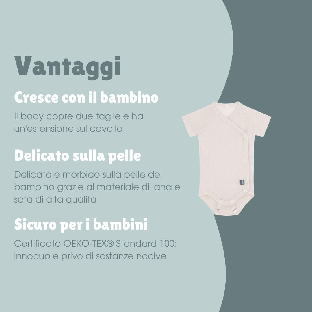 Body incrociato a maniche corte in lana-seta | Essential Beige